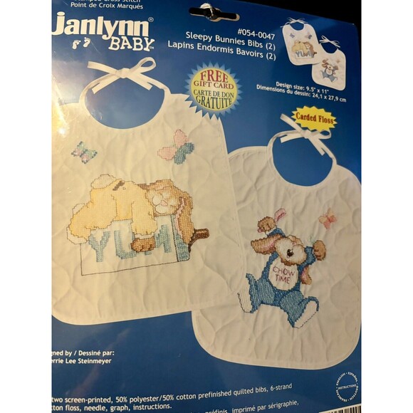 1997 Janlynn Printed Cross Stitch Set of 2 Bibs #54-47 Sleepy Bunnies Bibs  New - Picture 3 of 5